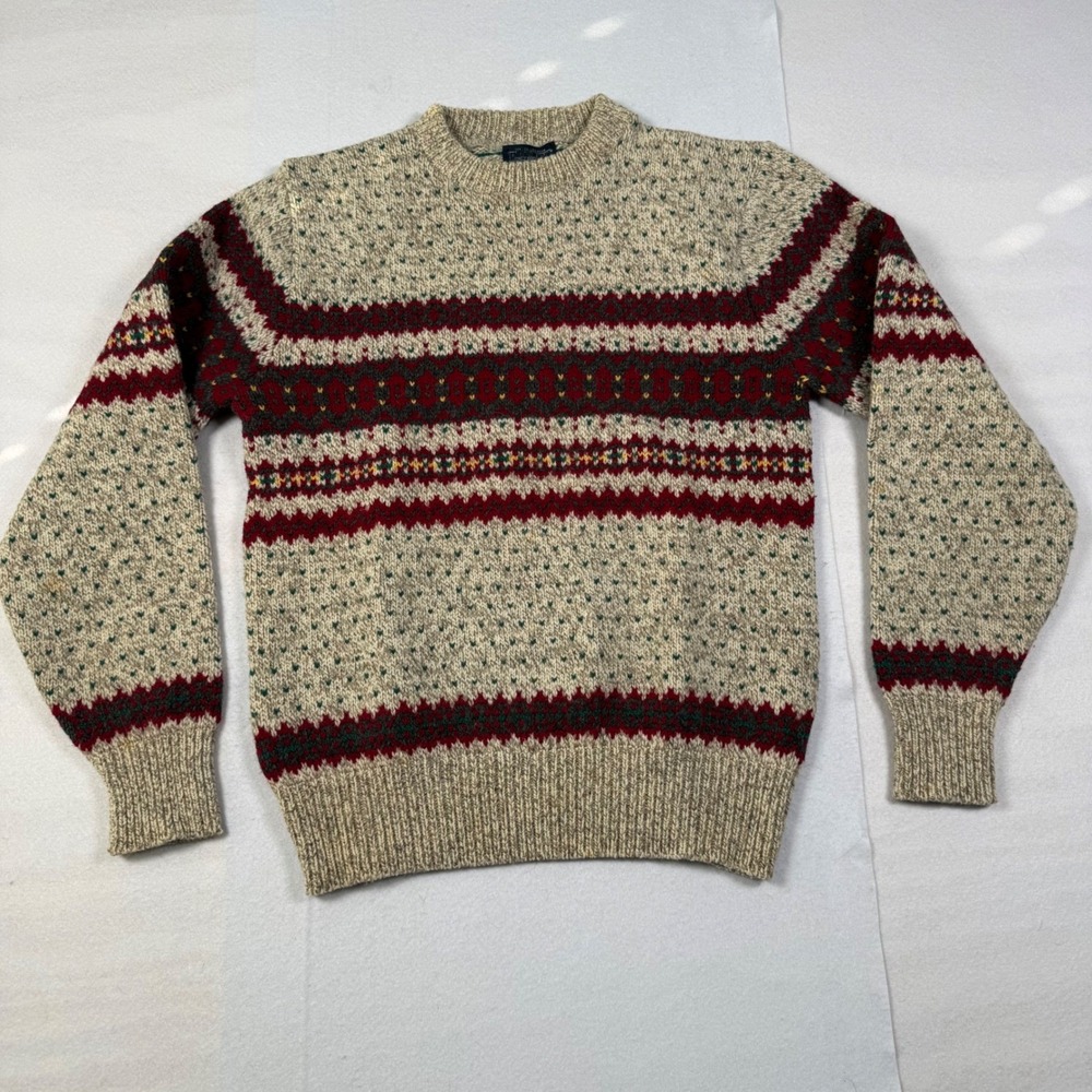 Vintage Lands End Mens Medium Fair Isle Wool Blend Sweater Made in USA Beige Red